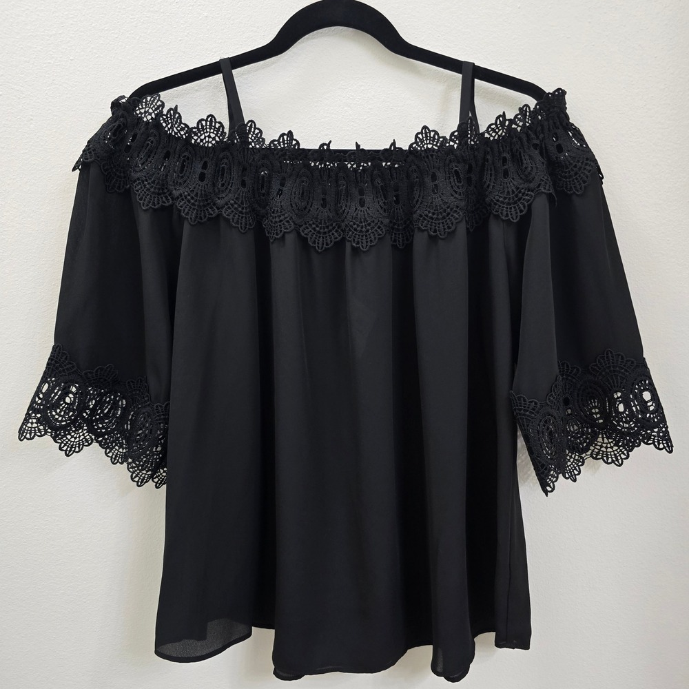 Fortune + Ivy Black Cold Shoulder Lace Trim Blouse XL Adjustable Straps Top Goth